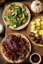 Classic dish roasted glazed duck with apples and garnish