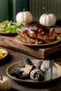 Classic dish roasted glazed duck with apples and garnish