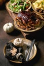 Classic dish roasted glazed duck with apples and garnish