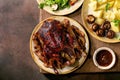 Classic dish roasted glazed duck with apples and garnish