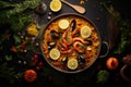 Classic dish of Spain. Delicious Spanish seafood paella in traditional pan on table with ingredients around. Spanish Royalty Free Stock Photo