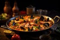 Classic dish of Spain. Delicious spanish seafood paella in traditional pan on wooden table. Spanish paella with rice Royalty Free Stock Photo