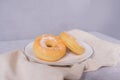 Classic donut. Morning breakfast on table in living room at home