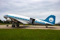 Classic Douglas DC-3 Dakota plane on the tarmac of Leeuwarden Air Base. The Netherlands - June 10, 2016