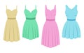 Classic dress set in flat style. Collection woman clothing. Pastel silhouette apparel. Different shapes of dresses