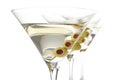 Classic dry martini with olives isolated on white in a line,close-up Royalty Free Stock Photo