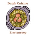 Classic Dutch pea soup erwtensoep, snert closeup in the plate on white backgrund