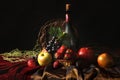 Classic Dutch Still Life With Dusty Bottle Of Wine And Fruits On A Dark Background