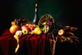 Classic Dutch Still Life With Dusty Bottle Of Wine And Fruits On A Dark Green Background, Horizontal