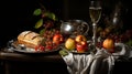 Classic dutch still life painting with wine and fresh fruits available for purchase Royalty Free Stock Photo