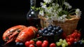 Classic dutch still life painting with wine and fresh fruits for purchase on stock photo platform Royalty Free Stock Photo