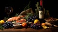 Classic dutch still life painting with wine and fresh fruits for sale on stock photo platform Royalty Free Stock Photo