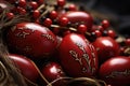 Classic Easter tradition: Red eggs featuring elegant white designs, symbolic preparations