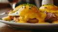 Classic Eggs Benedict on Minimalist Plate. Generative AI