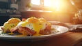 Classic Eggs Benedict on White Plate. Generative AI