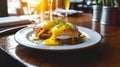 Classic Eggs Benedict on a Wooden Table. Generative AI