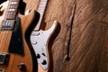 Classic electric guitar and wooden electric bass guitar