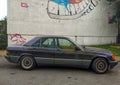 Classic elegant old black veteran sedan car Mercedes Benz right side view parked