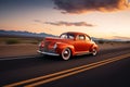 Classic retro car driving highway over tranquil natural scene. Generative AI Royalty Free Stock Photo