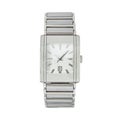 Classic elongated silver watch with a white dial and a calendar and steel strap