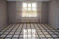 Classic empty interior with a light wall, tiles on the floor, window and curtain Royalty Free Stock Photo