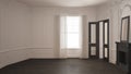 Classic empty room with big window, fireplace and herringbone wooden parquet floor, vintage white and gray interior design