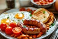 A classic English breakfast with fried eggs, sausages, baked beans, and grilled tomatoes