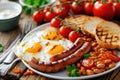 A classic English breakfast with fried eggs, sausages, baked beans, and grilled tomatoes