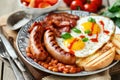 A classic English breakfast with fried eggs, sausages, baked beans, and grilled tomatoes