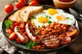 A classic English breakfast with fried eggs, sausages, baked beans, and grilled tomatoes