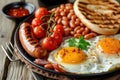 A classic English breakfast with fried eggs, sausages, baked beans, and grilled tomatoes