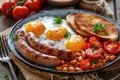 A classic English breakfast with fried eggs, sausages, baked beans, and grilled tomatoes