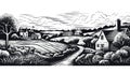 Classic English Countryside Idyllic Rural Landscape vector in engraving style