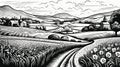 Classic English Countryside Idyllic Rural Landscape vector in engraving style