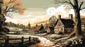 Classic English Countryside Idyllic Rural Landscape vector in engraving style