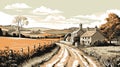 Classic English Countryside Idyllic Rural Landscape vector in engraving style