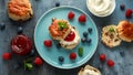 Classic English scones with clotted cream, strawberries jam and other fruit Royalty Free Stock Photo