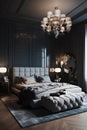Classic English style bedroom interior with modern bed in luxury house