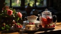 A Classic English Tearoom Featuring a Pot of Hot Steaming Tea Served with Freshly Baked Scones on Selective Focus Background