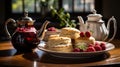 A Classic English Tearoom Featuring a Pot of Hot Steaming Tea Served with Freshly Baked Scones on Selective Focus Background