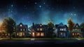 Classic family house facades at night. Suburban landscape. Generative AI