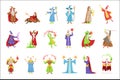 Classic Fantasy Wizards Set Of Characters. Fairy Tale Mages Colorful Fun Vector Drawings On White Background Royalty Free Stock Photo