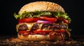 a classic fast food a juicy cheeseburger with fresh toppings and bacon on black Royalty Free Stock Photo