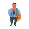Classic fat detective in blue shirt standing with the donut. Vector colorful illustration in cartoon style.