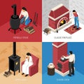 Classic fire place potbelly stove and various ovens isometric concept isolated on colorful Royalty Free Stock Photo