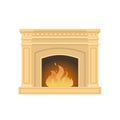 Classic fireplace made of natural stone, gypsum, with burning flame.
