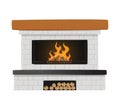 Classic Fireplace of White Brick with Burning Fire Inside and Niche for Logs. Indoors Chimney in Traditional Style Royalty Free Stock Photo