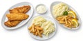 Classic Fish and Chips Crispy Fried Cod with Mash, Fries and Lemon ,Seafood, Takeaway Royalty Free Stock Photo