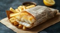 Classic fish and chips wrapped in nostalgic newspaper, served with lemon Royalty Free Stock Photo