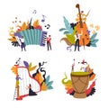 Classic and folk music show, musicians with musical instruments, isolated icon